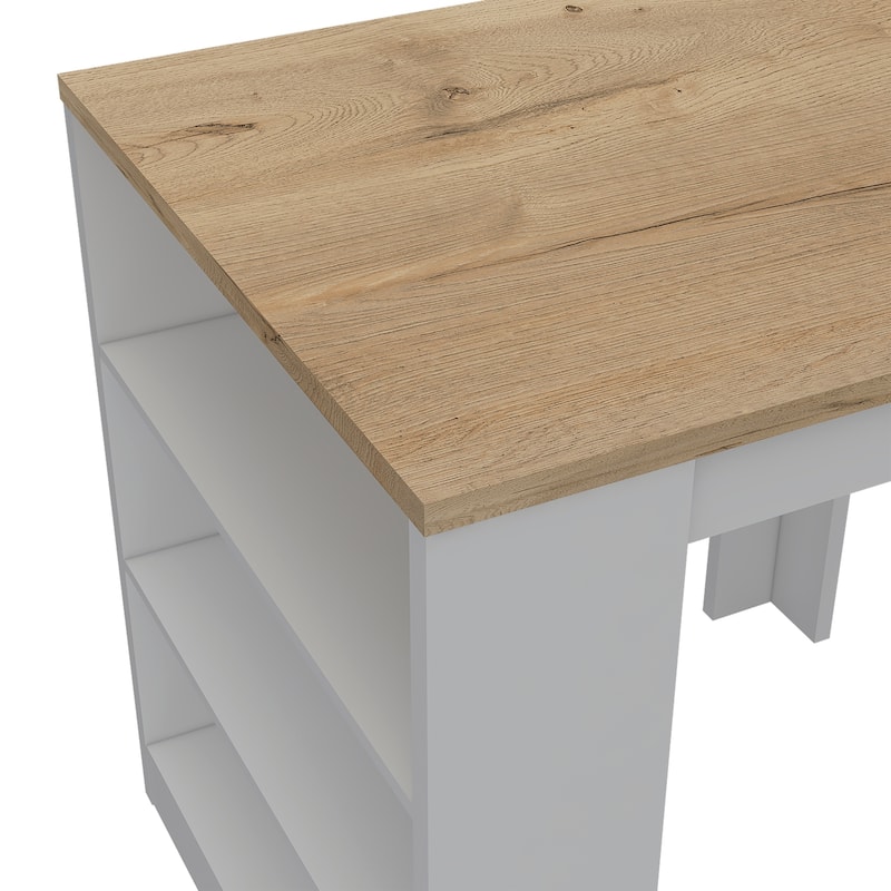 Square White and Pine Kitchen Island with Open Shelves, Spacious Countertop, and Dining Space for Two People