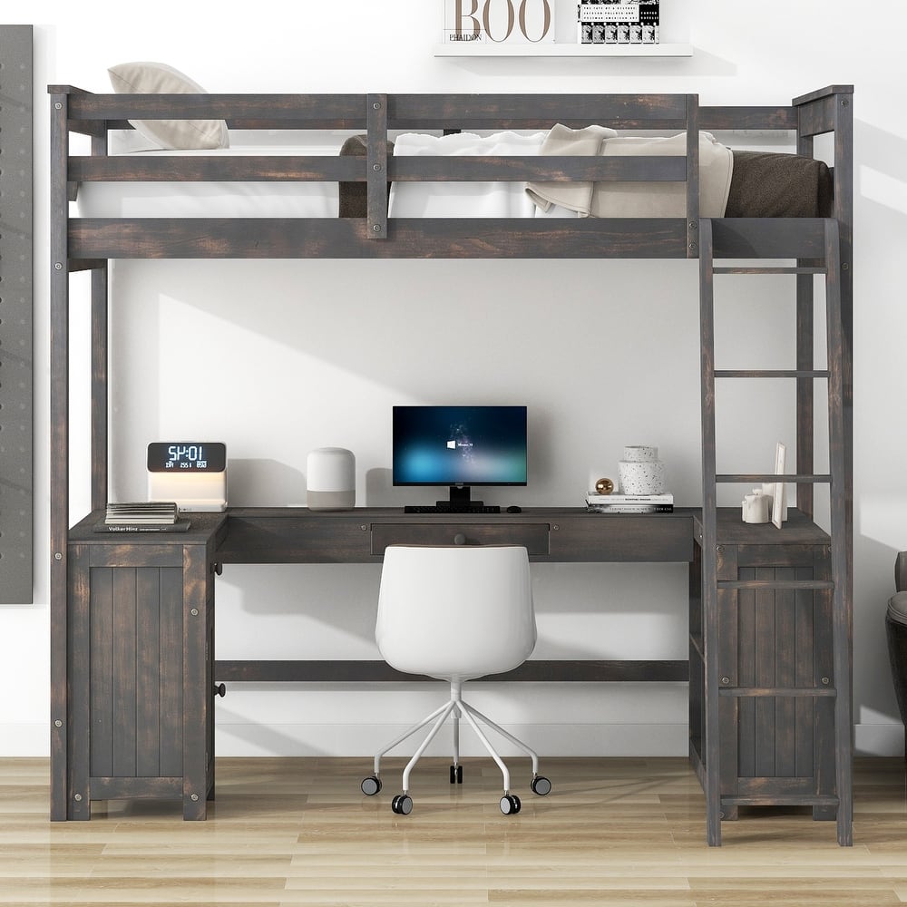 Merax Loft Bed with U-shaped Desk, Drawers and Storage Shelves