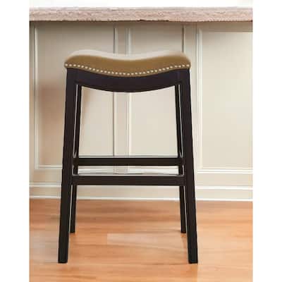 31" Tan and Espresso Faux Leather and Solid Wood Backless Counter Height Bar Chair