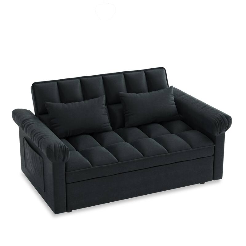 Flannel Sleeper Sofa Bed Loveseat Recliners Couch with Pull-Out Trundle, Adjustable Backrest, Round Arms and Side Pockets