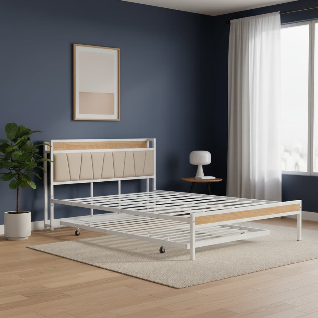 HomeRoots White Metal Queen Bed Frame With Trundle