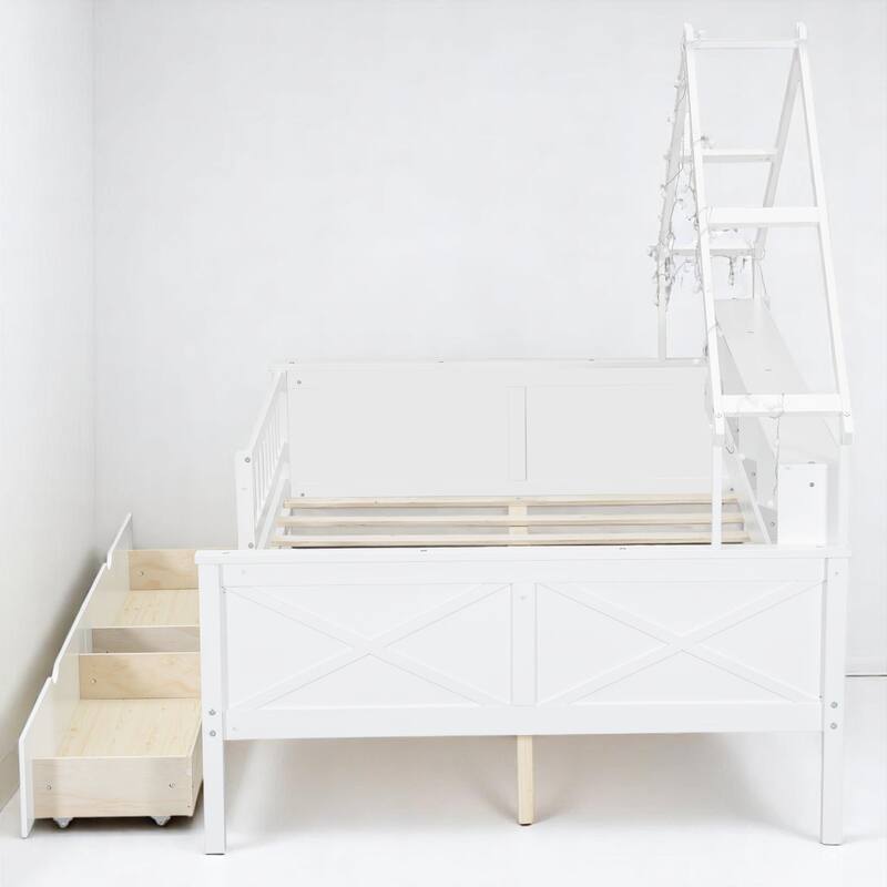 Full House Platform Bed Frame with LED, 2 Drawers, Shelves, Pine Wood & MDF Construction