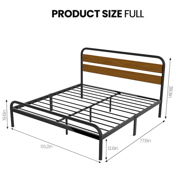 Platform Bed Frame with Wood Headboard, Heavy Duty Metal Slat Support, Noise Free Design