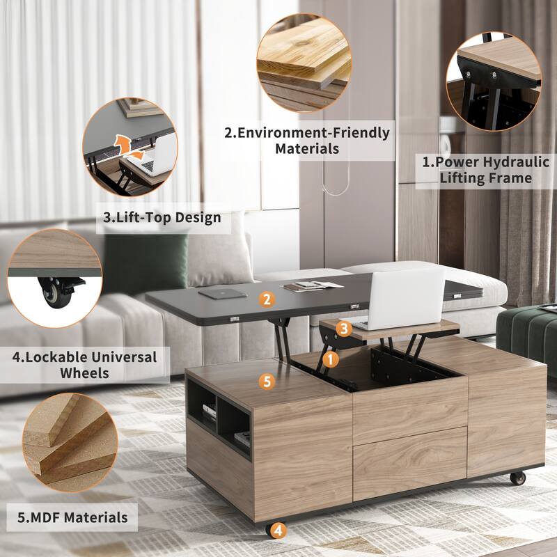 Modern Lift Top Coffee Table Multifunctional Table with Drawers & Shelves