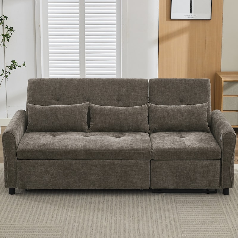 2-in-1 Sleeper Sofa Bed, 3 Seater Sectional Sofa with Pull Out Bed, Reversible Recliner Sofa with Pillows and USB Port