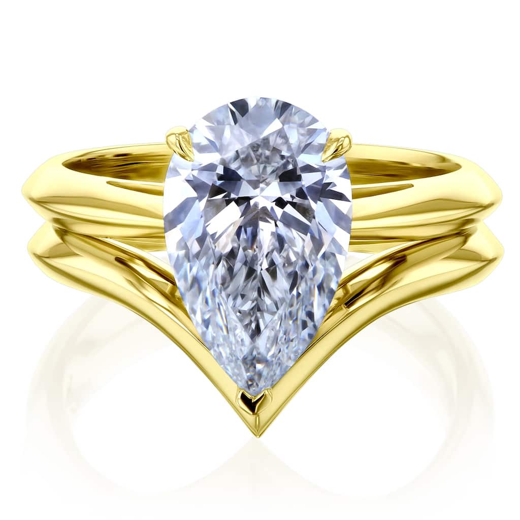 Kobelli 3 Carats Pear Lab Grown Diamond Certified 14k Solid Gold Paris Chevron 2pc Bridal Set