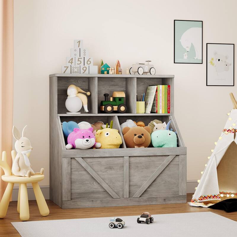 Kids Bookshelf and Toy Storage, Toy Storage Organizer with Storage Cabinet and Toy Shelf, Toddler Book Shelf - Grey