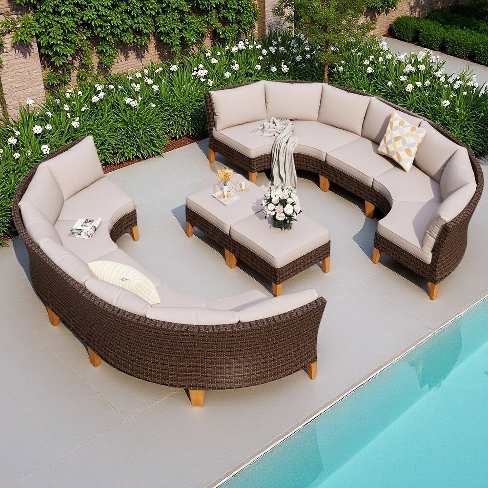 11-Piece Outdoor Wicker Half-Round Furniture Set, Half-Moon Sectional Sofa Set All Weather Rattan Curved Conversation Sets
