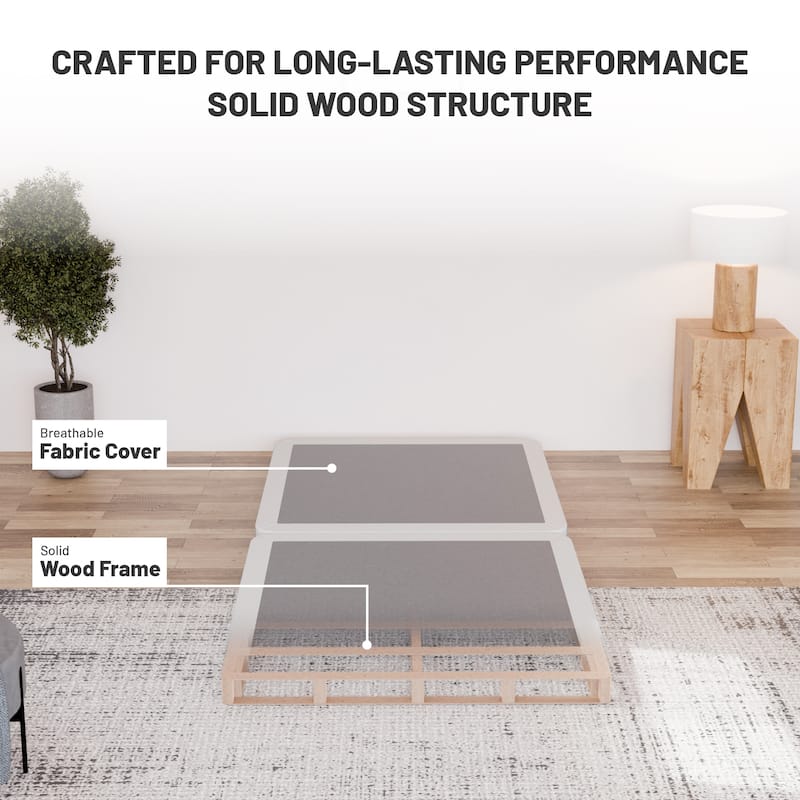 Box Spring Bed Base, 2" Wood Foundation, Quiet Noise Free, 2-Pieces Under Mattress-Support Box Spring, Fully Assembled, White