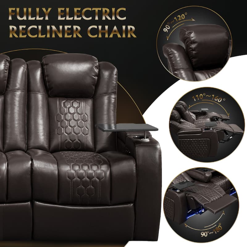 Roomfitters 86.6" Power Recliner 3-Piece Set, Top-Grain Nappa Leather, 34-Color RGB LED & USB-C Charging, Coffee