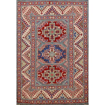 Geometric Blue Kazak Rug Hand-Knotted Accent Wool Carpet - 2'10"x 3'11"