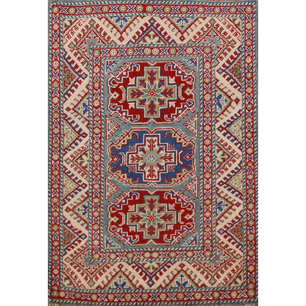 Geometric Blue Kazak Rug Hand-Knotted Accent Wool Carpet - 2'10"x 3'11"