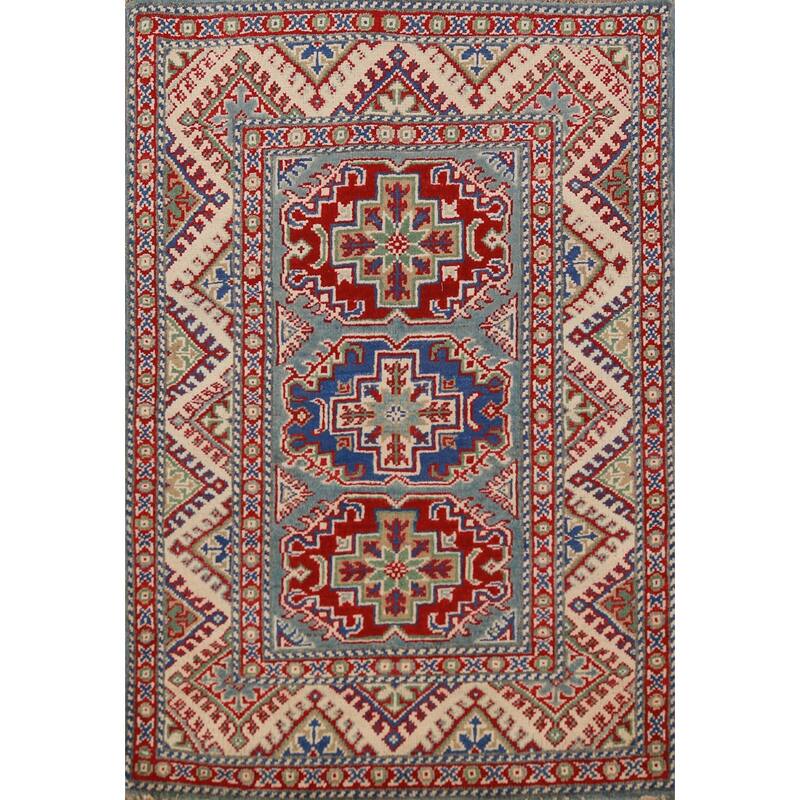 Geometric Blue Kazak Rug Hand-Knotted Accent Wool Carpet - 2'10"x 3'11"