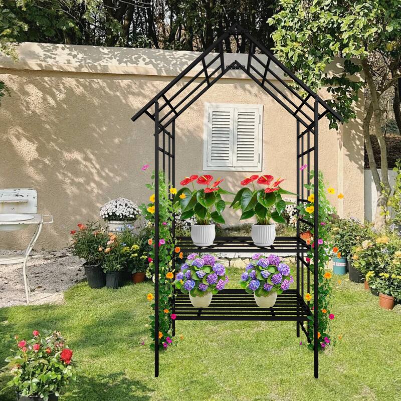 Anmytek Black Metal Garden Arch with Bench and Flower Stand for Climbing Plants Rose Arbor