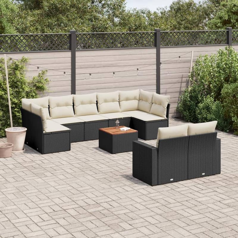 vidaXL Patio Sofa Set with Cushions Outdoor Furniture 10 Piece Poly Rattan - 21.7 x 21.7 x 14.6 - Black and cream Table + 5x middle + 2xcorner