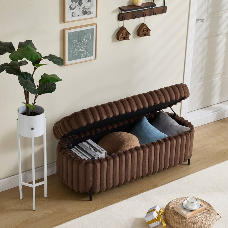 Faux Fur Flip Top Storage Bench with Black Metal Legs, Modern 49.2" Window Bench End of Bed Ottoman for Living Room or Entryway