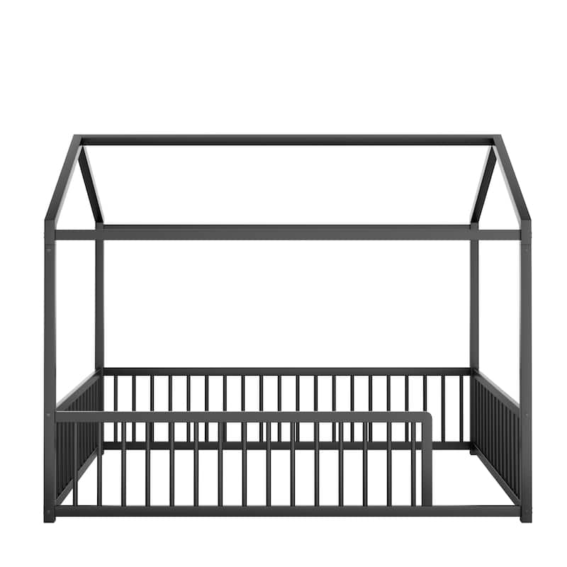 Montessori Metal House Bed with Low Entry & 3-Side Fence by Harper&Bright Designs