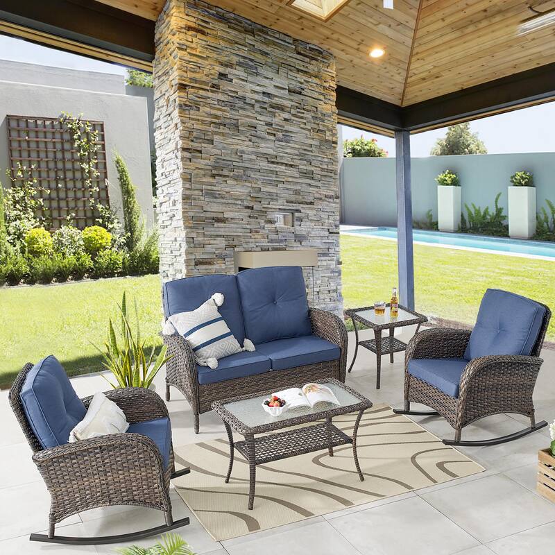 Pocassy Outdoor Loveseat Sofa with Table Funiture Set - Brown Wicker Blue Cushion - 5PCS Loveseat Sofa with Rocker Chairs Table