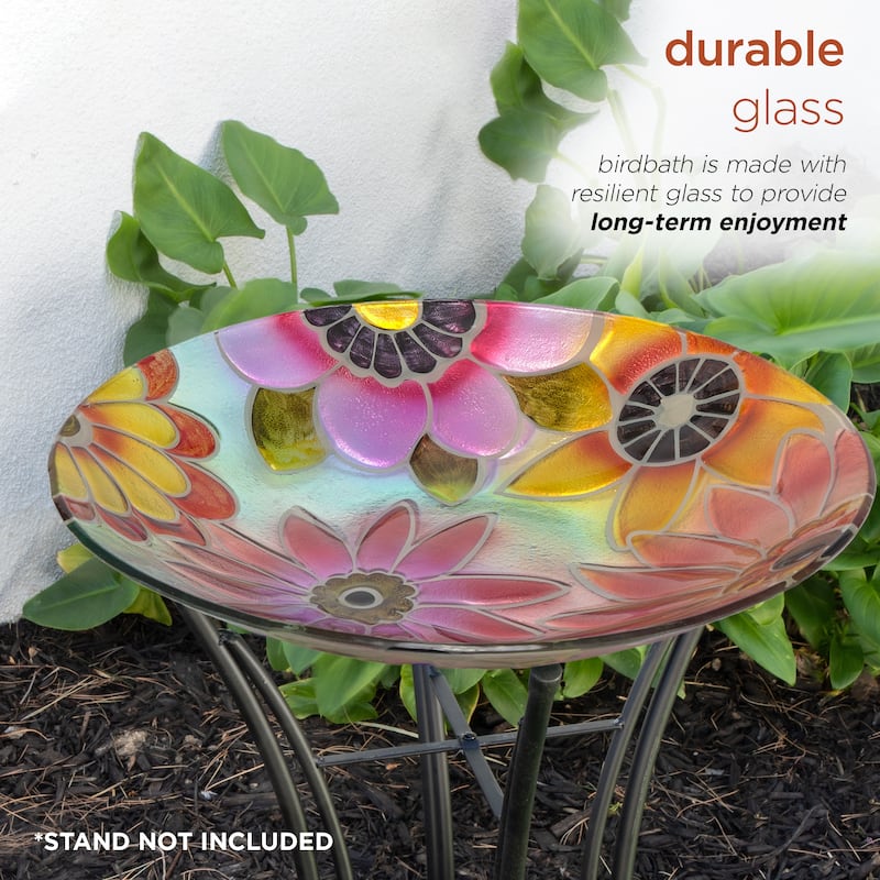 Alpine Corporation 18" Round Outdoor Birdbath Bowl Topper with Colorful Painted Flowers Design