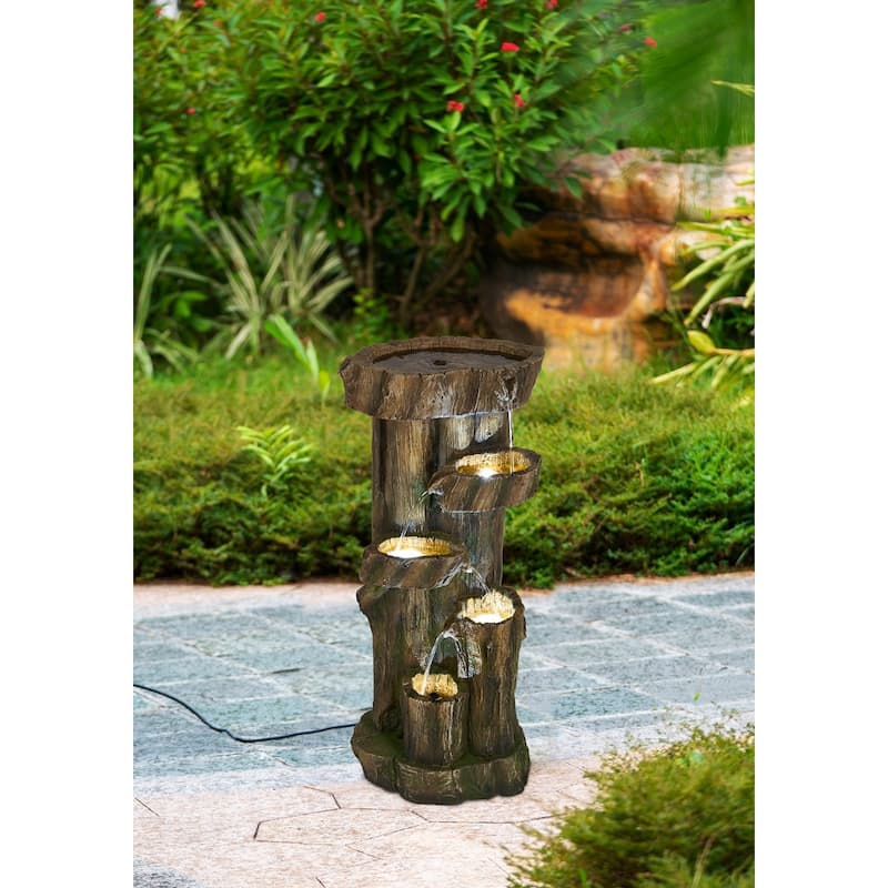11x13.4x31.5" Rustic Decorative Tree Trunk 5 Tier Water Fountain, with Light and Pump, for Indoor and Outdoor