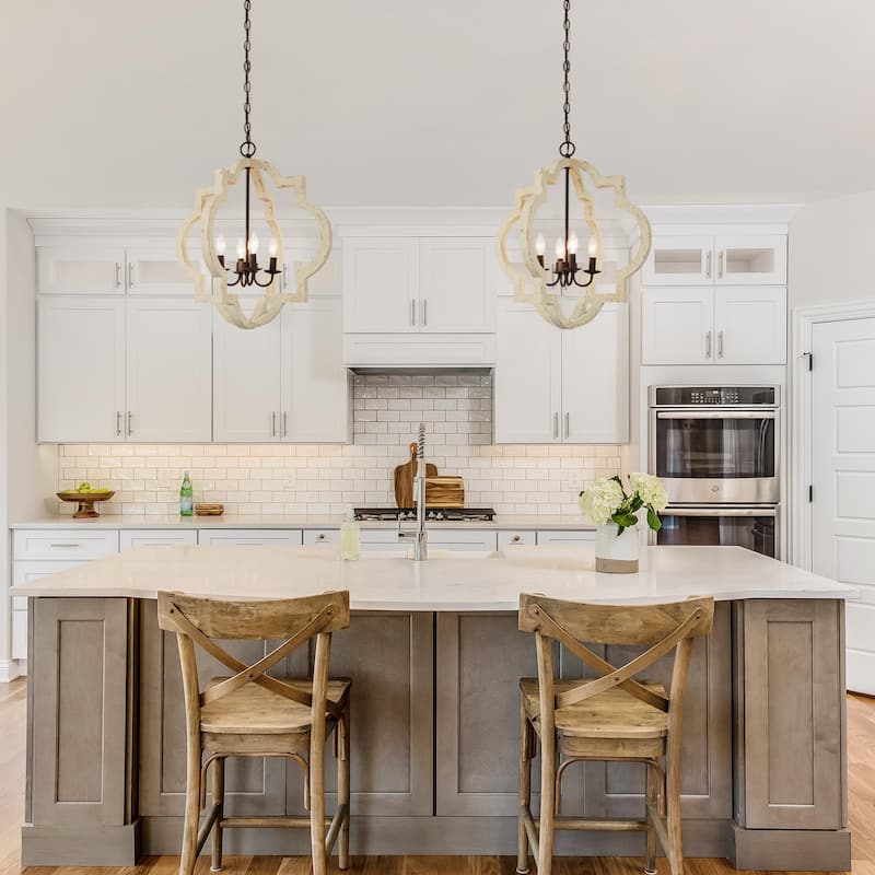 Farmhouse 4-Light Wood Lantern Chandelier Rustic Kitchen Island Light - D21.5" x H24