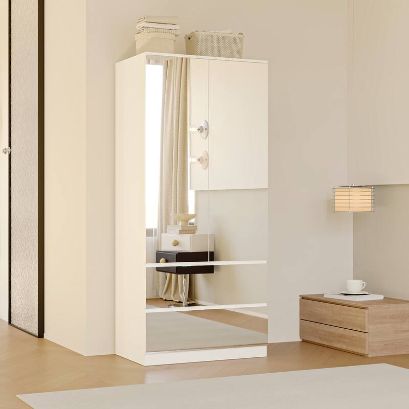 Modern Mirrored Wardrobe Armoire with Hanging Rod White Bedroom Storage Cabinet, Freestanding Closet Organizer