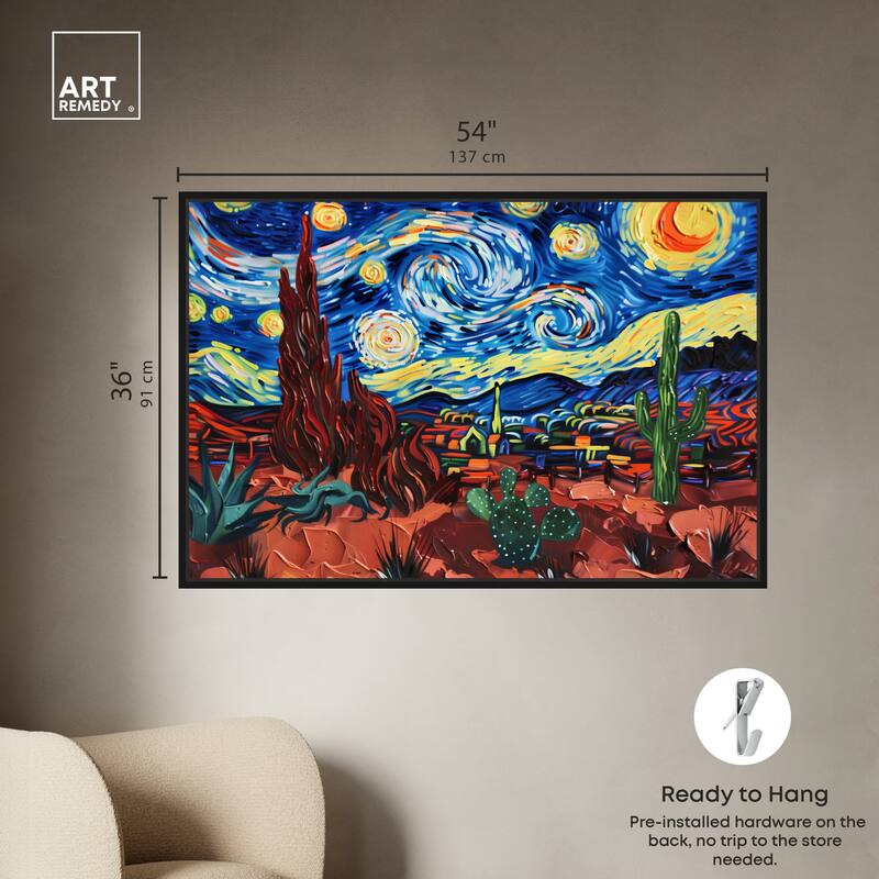 Art Remedy Desert Night Stars Framed Impressionism 1 Piece Canvas Wall Art /Monet And Van Gogh Inspired Art
