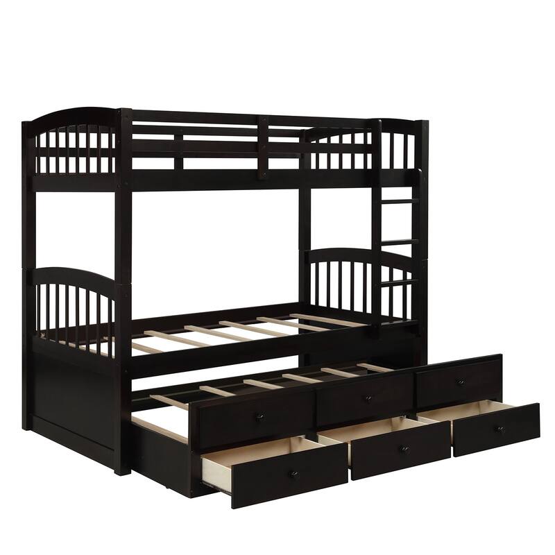 Twin Bunk Bed with Ladder, Safety Rail, and Trundle with 3 Drawers for Teens and Guest Rooms