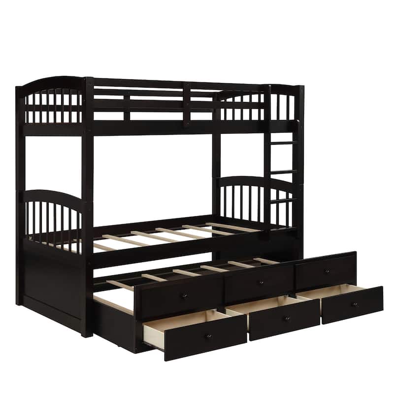 Twin Over Twin Bunk Bed with Ladder and Safety Rail, Twin Trundle Bed with 3 Drawers for Teens Bedroom, Guest Room Furniture