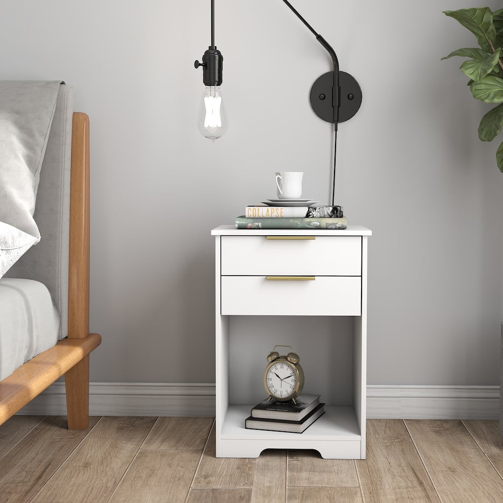 Anmytek White 2 Drawer Nightstand with Gold Handles, Modern Bedside Table End Table for Small Spaces