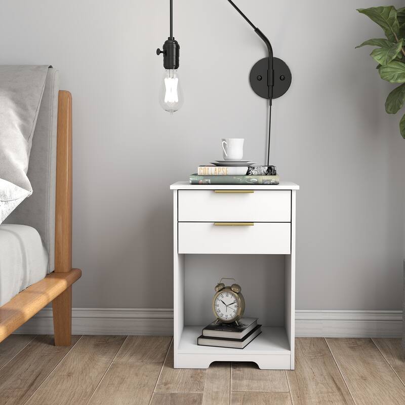 Modern White Nightstand with 2 Drawers, Open Shelf, and Golden Handles for Bedroom or Living Room - White
