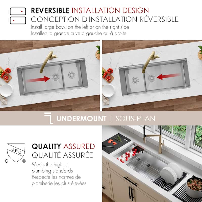 STYLISH 42 inches Workstation 70/30 Double Bowl Undermount 16 Gauge Stainless Steel Kitchen Sink with Accessories included