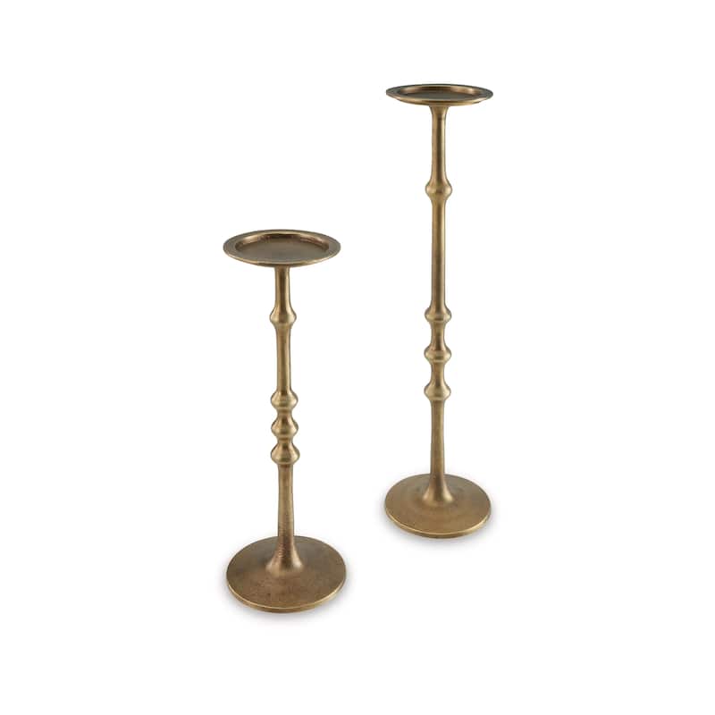Lara Candle Holder Set of 2, Cast Aluminium, Antiqued Brass Toned Finish