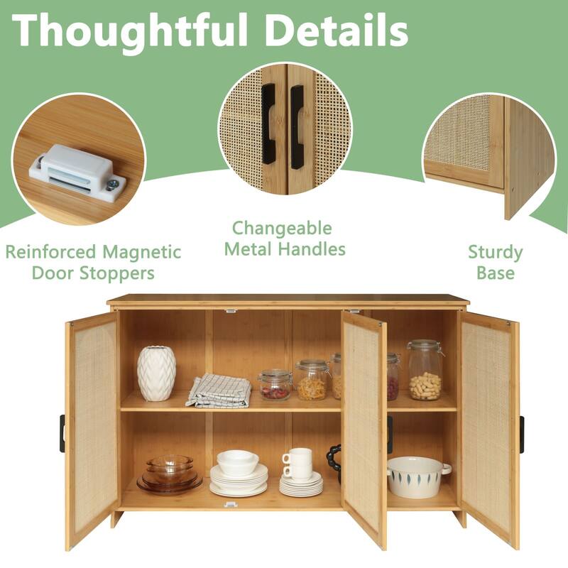VEIKOUS 3-Door Natural Rattan Bamboo Sideboard Buffet Kitchen Storage Cabinet