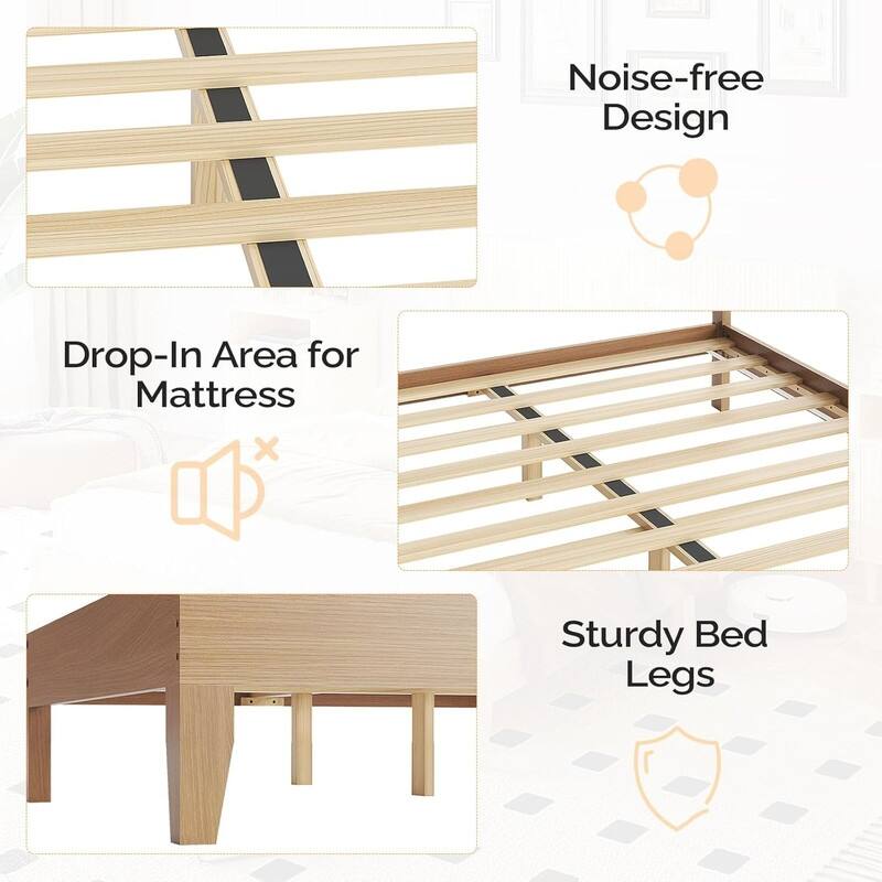 Natural Oak Wood Platform Bed Frame with Built-in Footboard Storage Bench,4 Drawers,Headboard,Heavy duty,No Box Spring Needed