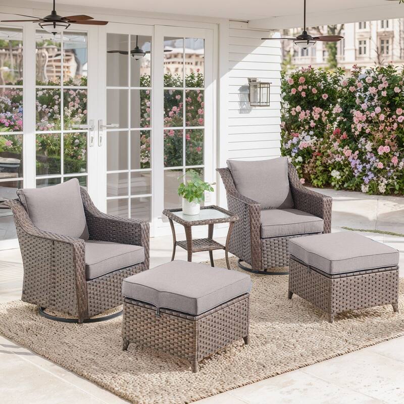 Outside Patio Sofa Chair Set with Cushions - Brwon Wicker Grey Cushion - 5PCS Swivel Chair with Ottoman Table