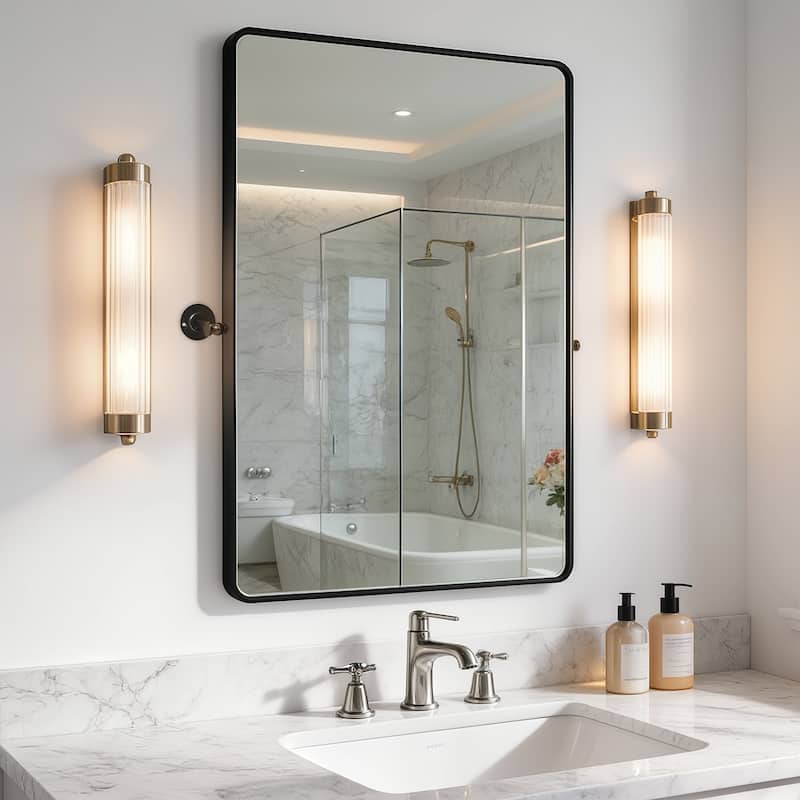 Metal Framed Pivoting Bathroom Vanity Mirror Adjustable Tilting Rectangle Wall Mirror Horizontal or Vertical - 22.44” x 27.56”