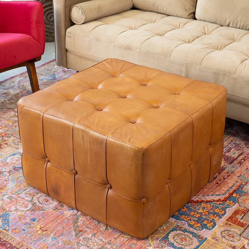Bellini Mid-Century 27.5-inch Square Genuine Leather Ottoman in Tan