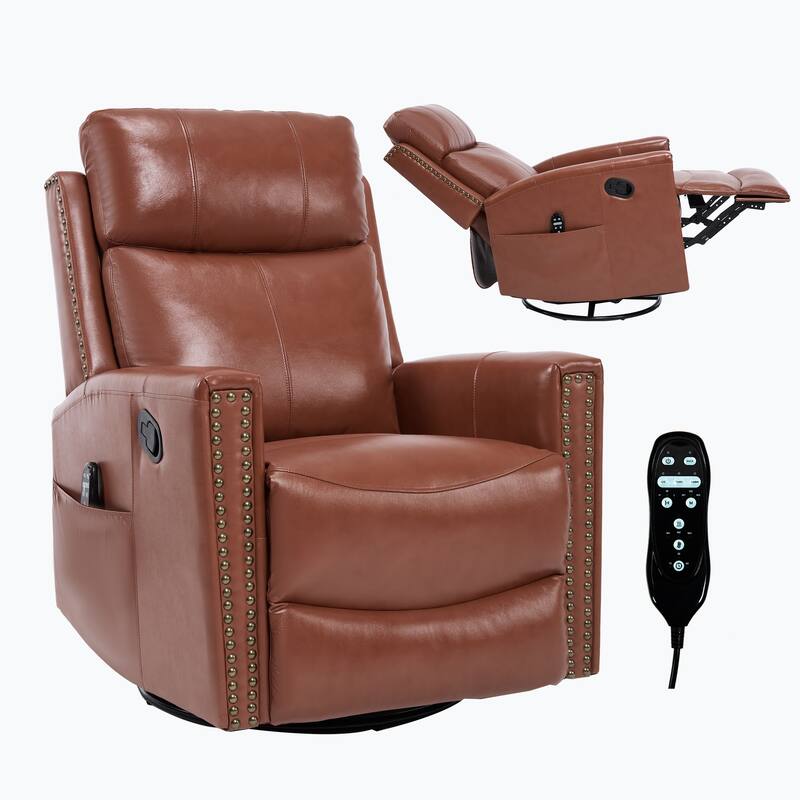 Roomfitters Genuine Leather Swivel Rocker Recliner, Manual Massage Glider with Heat and Top Grain Cowhide, Living Room