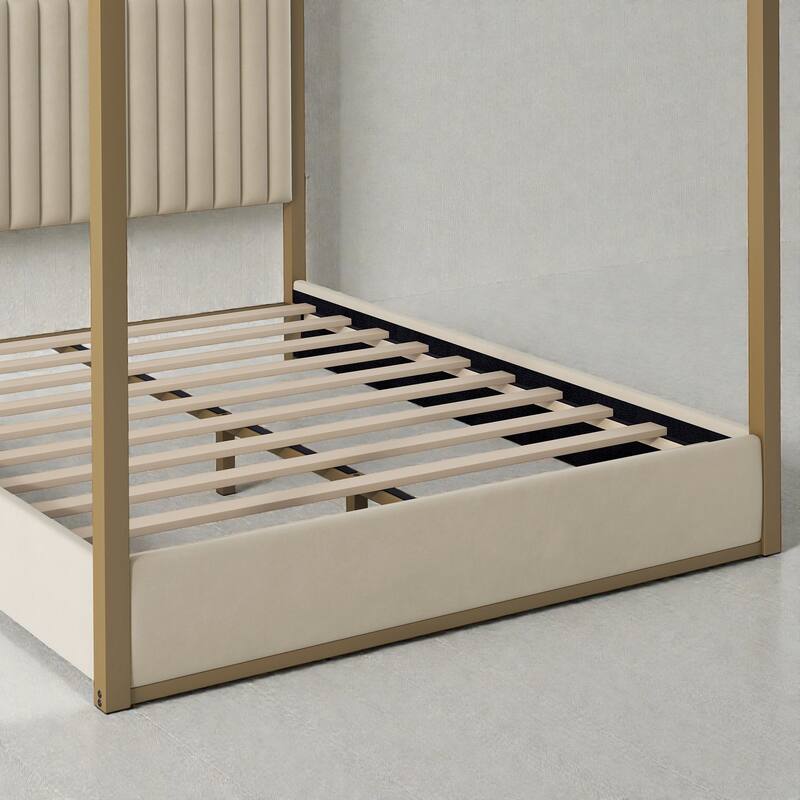 Upholstered Canopy Platform Bed with Headboard, Metal Frame Queen King Bed, No Box Spring Needed