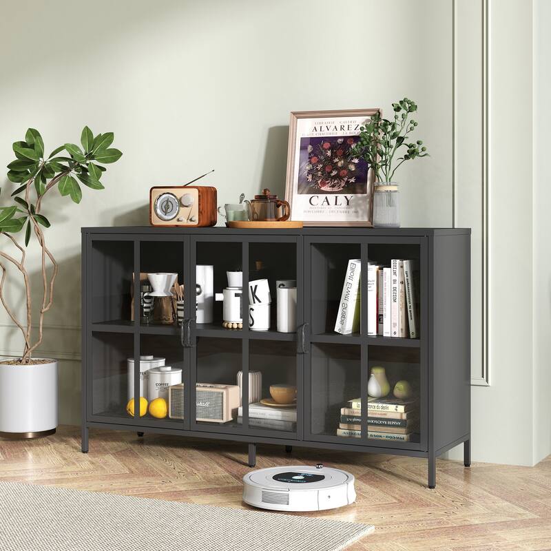 Heavy Duty Metal Modern Sideboard Buffet Cabinet with Storage Premium Steel Storage Cabinet, Adjustable Feet, Glass Doors