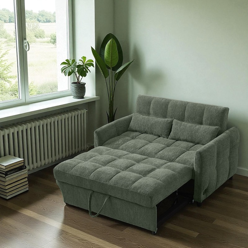 52.8" Loveseat Pull-Out Sleeper Sofa Bed with Adjustable Backrest, USB Ports and Pillows, Tufted Chenille Sofa