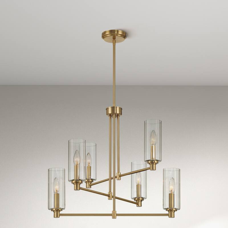 Frag 6-Light Satin Brass Pendant with Ribbed Glass Shades - Clear Ribbed Glass - Clear Ribbed Glass