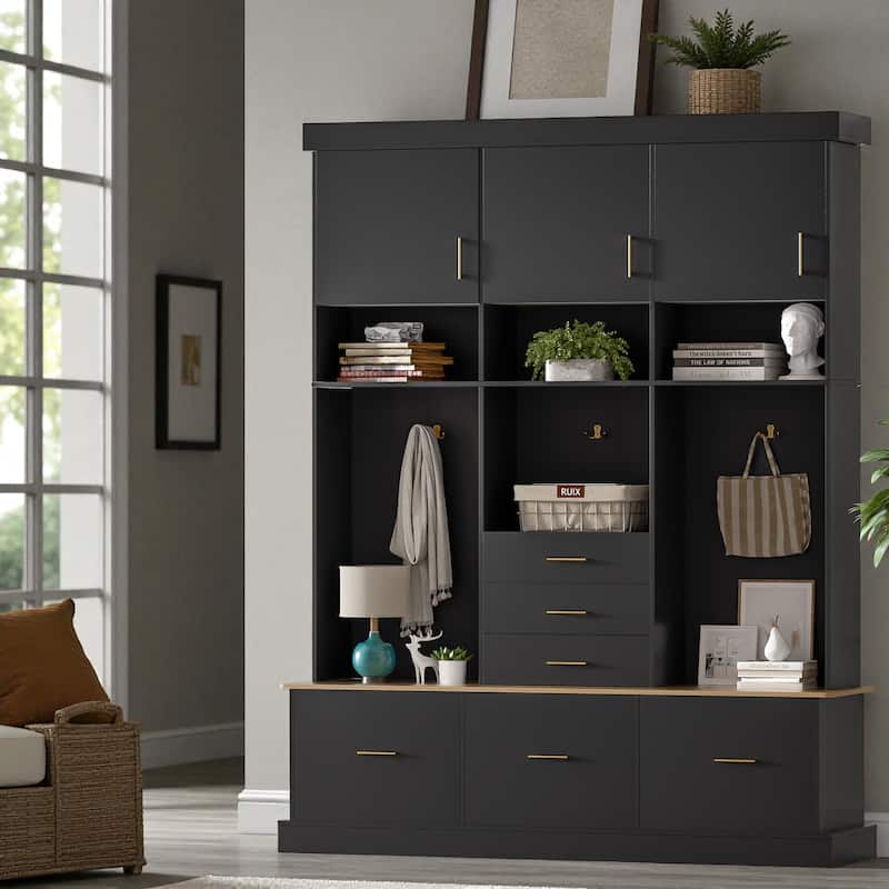75" Entryway Hall Tree with Bench, Coat Rack, 6 Drawers, 3 Cabinets and Top Shelves, 5-in-1 Storage Organizer for Hallway