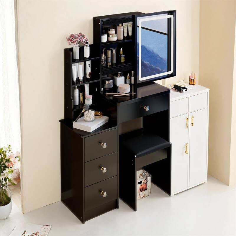 Compact 29.2" Bedside Vanity Set with LED Mirror and Storage - Black
