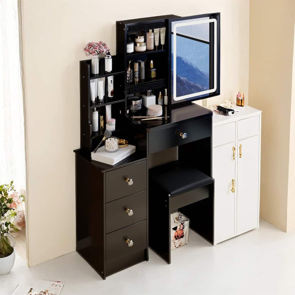 Compact 29.2" Bedside Vanity Set with LED Mirror and Storage