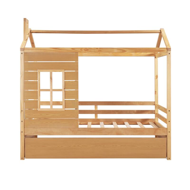 Twin Size House Bed with Trundle and Guardrails for Kids, Space-Saving Design
