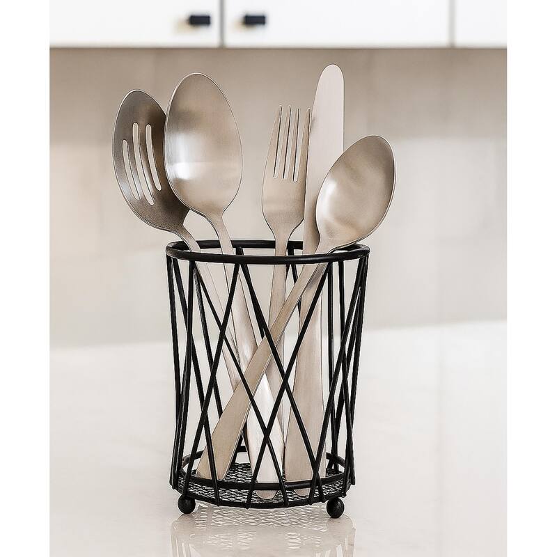 Matte Black Iron Kitchen Utensil Cutlery Holder - 6.3" Tall