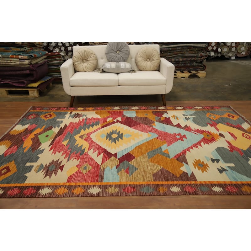 Hand Woven Oriental 100% Wool Carpet Southwestern Tribal Multi-Colored Kilim Area Rug - 9' 10'' X 6' 8''