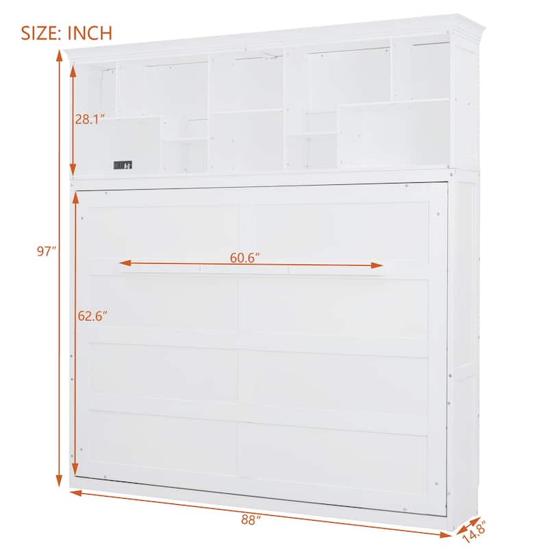 Modern Style Queen Size Murphy Bed with Top Shelves and USB for Bedroom